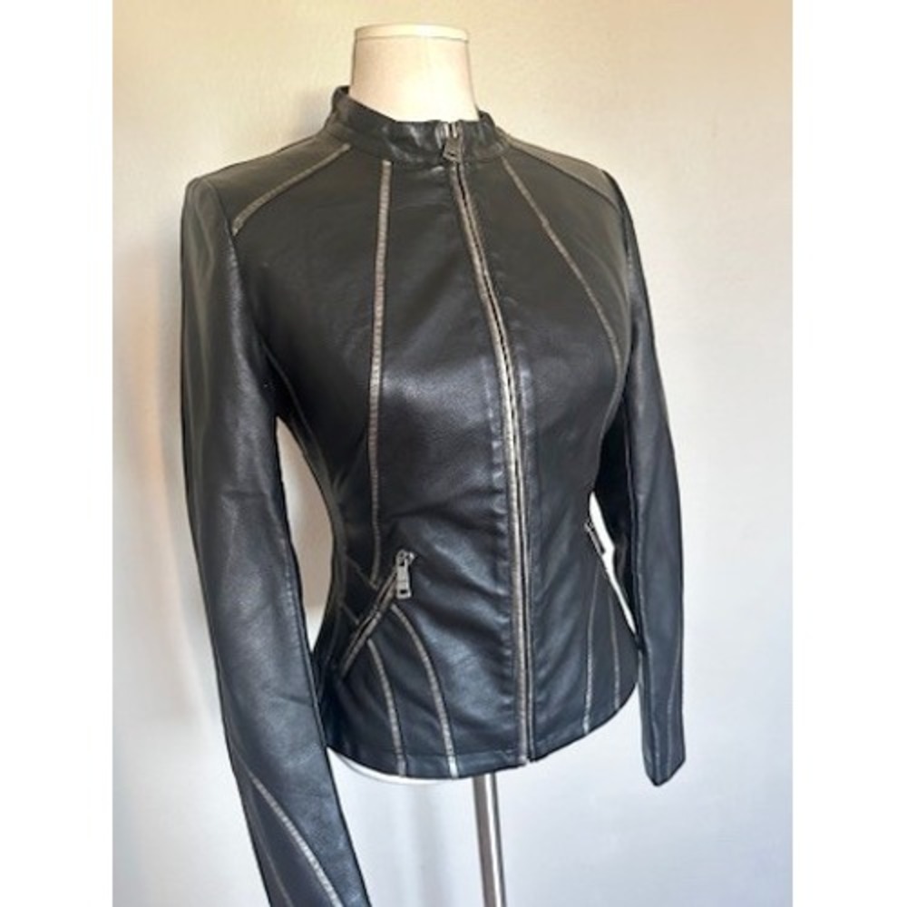 LA Coalition Black Faux Leather Moto Jacket Silver Piping Y2K Mock Neck XS